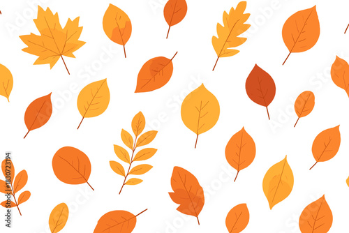 Abstract seasonal pattern of diverse autumn leaves in warm orange and yellow tones