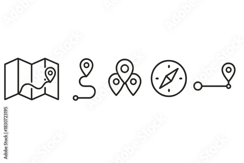 Outline symbols collection for mapping, global positioning, travel routes, and directional guidance