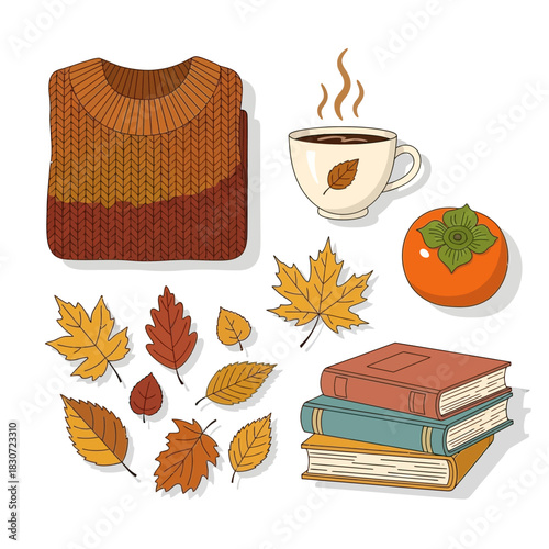 Autumnal charm: Cozy sweater, steaming beverage, vibrant foliage, and literary treasures