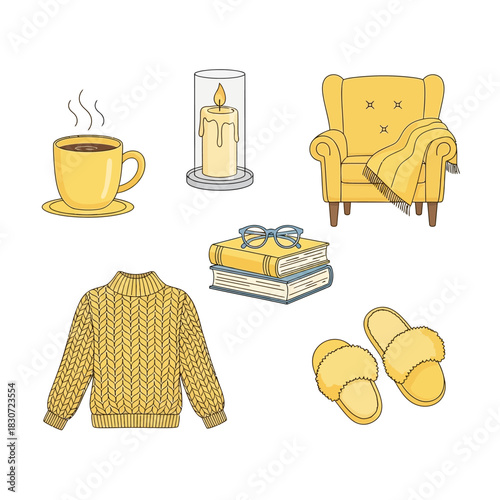 Cozy yellow home scene, featuring relaxed indoor activities and comforting objects for a restful day