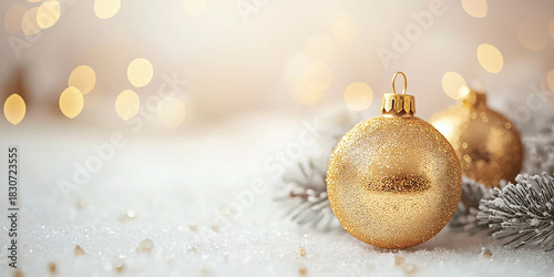 Christmas golden ornament ball and spruce tree close up, bokeh lights background. Merry Christmas and Happy Holidays greeting card, frame, banner. New Year. Noel. Winter festive xmas decoration.