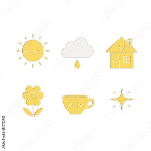 Cheerful yellow icon set representing weather, home, and simple joys, a comforting design