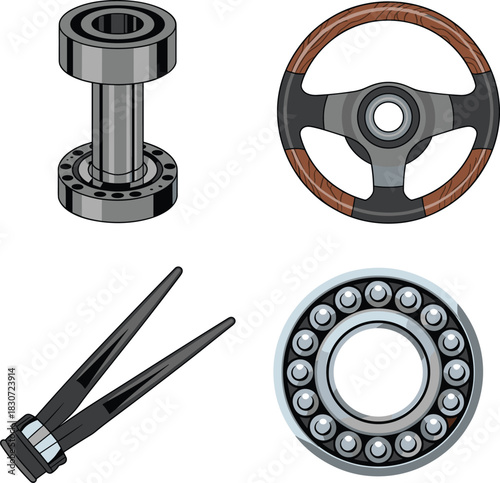 mechanical tools and parts set, spindle caliper bearing steering wheel, industrial vector icons, automotive engineering illustration, precision equipment design