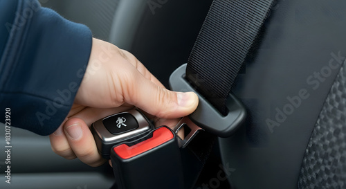 Person fastening seat belt — element of safe driving