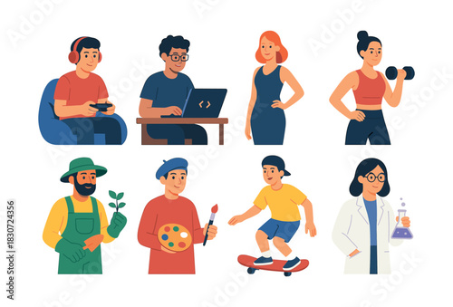 People professions and hobbies, flat vector illustration, diverse characters set