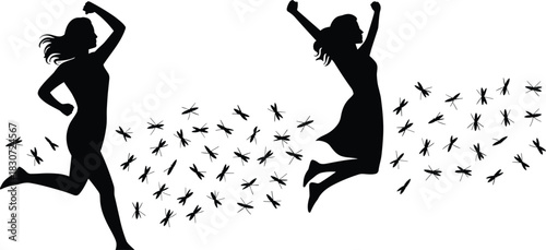 Mosquito chase silhouette vector, people running and jumping, outdoor insect swarm scene, humorous summer illustration, black pest control design