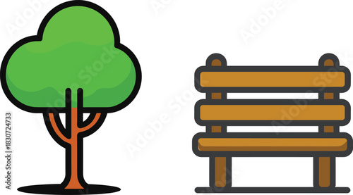 Simple vector illustration of park tree and wooden bench, minimal outdoor nature icon design, clean modern style graphic for public space