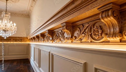 Medium shot of custom crown molding installation highlighting intricate curves and detailed craftsmanship in an elegant room setting.