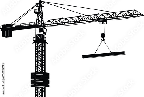 Tower construction crane lifting heavy steel beam, black silhouette vector illustration icon, industrial machinery, building equipment, isolated on white background