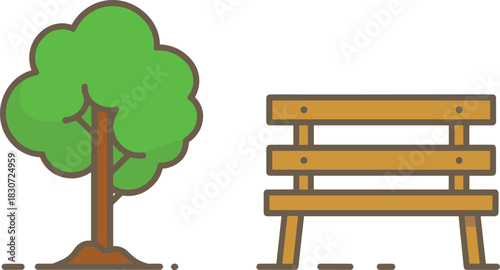 Simple vector illustration of park tree and wooden bench, minimal outdoor nature icon design, clean modern style graphic for public space