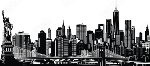 Ultra Detailed New York City Skyline Silhouette Vector Illustration, Modern Manhattan Panorama with Statue of Liberty, Brooklyn Bridge, and One World Trade Center, Travel Backdrop