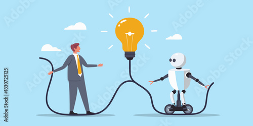 Businessman and robot collaborate on a bright idea together