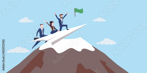 Team riding paper airplane to mountain summit with flag