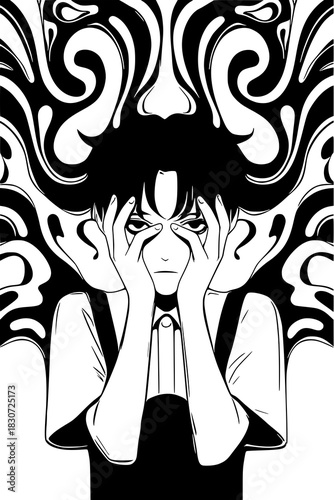 Black and White Vector Illustration of Anxious Person with Swirling Psychedelic Background | Manga Style Portrait for Mental Health, Panic, and Stress Concepts