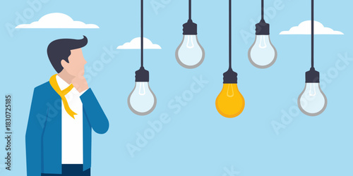 Man contemplating a glowing light bulb among unlit ones