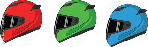 Motorcycle helmet side view, full-face helmet, red helmet, green helmet, blue helmet, safety gear, visor design, aerodynamic shape, biker accessory, helmet colors,