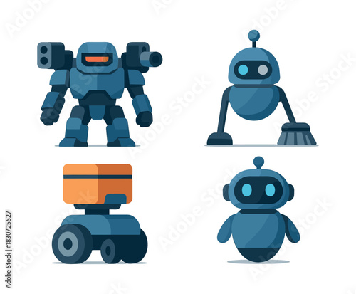 Robot and robotic devices collection, automation, flat vector illustration