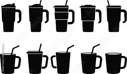 Mug silhouette, cup icon, drinkware vector, black mug set, coffee cup, tea mug, straw cup, lid mug, tumbler shape, beverage container, kitchen utensil, drink icon, reusable mug