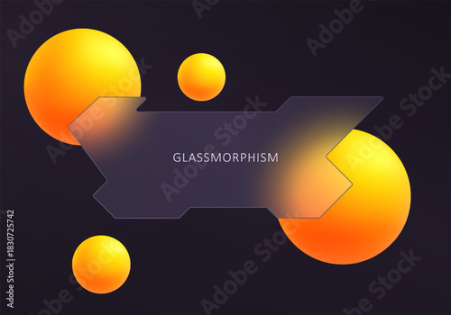 Abstract geometric glassmorphism style panel with glowing warm spheres on a dark modern background.