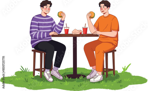 Outdoor picnic scene with friends eating burgers, casual dining, fast food, drinks, summer lifestyle, social gathering, leisure time, grassy nature setting