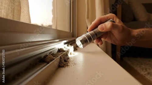 Inspecting Window Sill With A Flashlight Revealing Dust And Debris For Cleaning