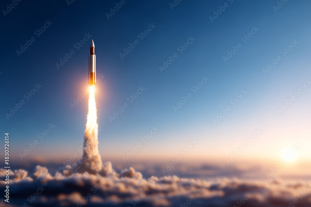 Fototapeta premium Rocket launch ascending through clouds, showcasing power and innovation in aerospace technology