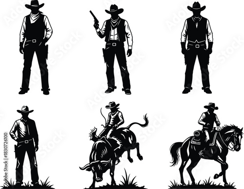 Vintage Western Cowboy Silhouette Collection, Set of Six Isolated Vector Illustrations Depicting Wild West Characters, Rodeo Rider on Bucking Bull, and Horseman, Black and White Icon Pack.