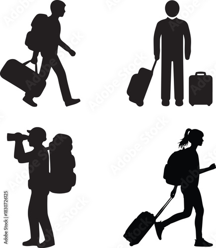 Four silhouette icons of people traveling with backpacks and luggage, representing different travel activities and styles.