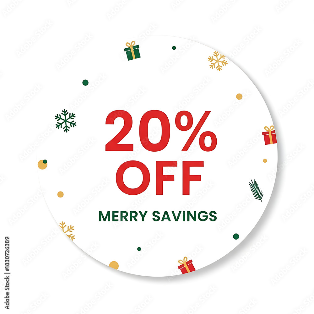 Fototapeta premium A gift-box inspired sticker in round shape with minimal Christmas icons, featuring bold Christmas discount text, a clean white background, modern layout, and festive colors suitable for ecommerce prom