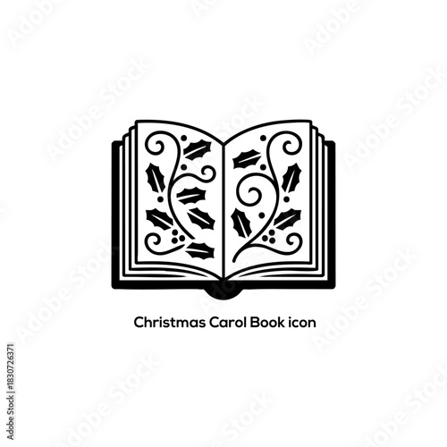 Open Christmas Carol Songbook Icon with Holly Ornament, Festive Holiday Music Hymn Book Silhouette Vector Illustration Isolated Design Symbol

