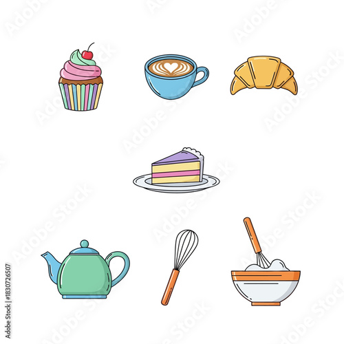 Whimsical baked goods and beverage icons depicting breakfast and tea time treats