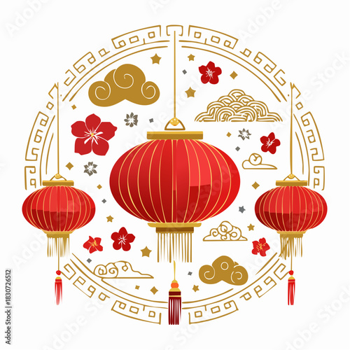 Festive Lanterns and Traditional Ornament: An intricately designed composition showcasing vibrant red lanterns and auspicious motifs, celebrating cultural traditions.