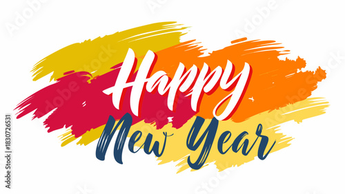 Happy new year handwritten calligraphy with colorful abstract paint brush strokes background