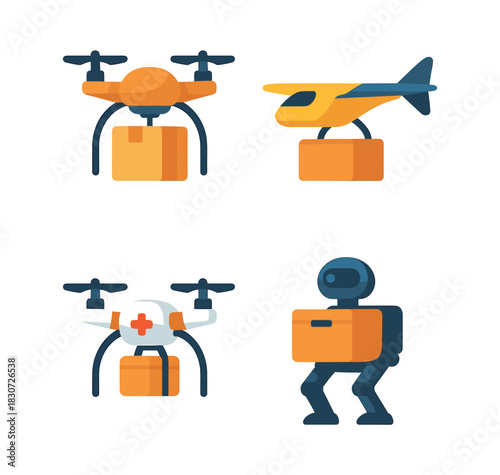 Delivery drone and robot, parcel transportation, flat vector illustration