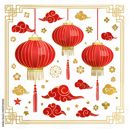 Festive Lanterns and Ornate Embellishments:  A stunning composition of vibrant red lanterns suspended amidst an array of intricate decorations.