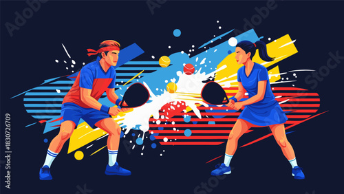 Energetic illustration of a man and woman competing in a padel tennis game, set against a dynamic, abstract background with colorful splashes of paint