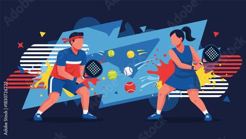 Dynamic Illustration of Two Individuals Engaging in a Competitive Padel Tennis Match with Energetic Movements and Graphics