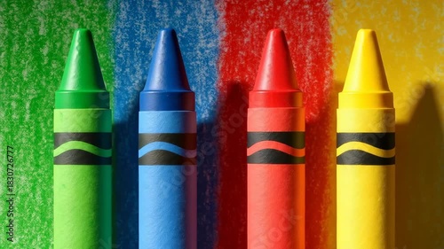 Close-up of colorful crayons in green blue red and yellow arranged in a row against vibrant chalk background showcasing smooth textures and bright colors with natural lighting