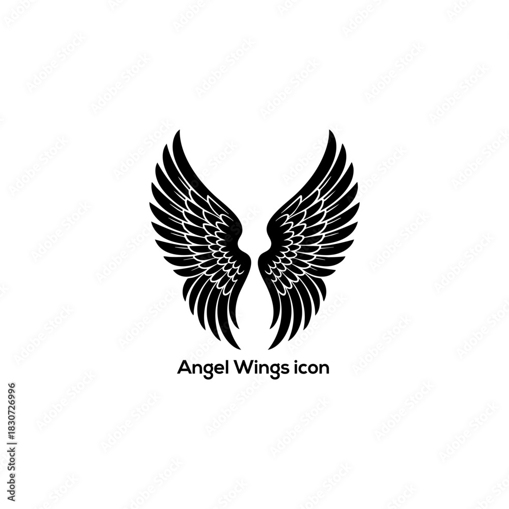 Fototapeta premium Detailed Angel Wings Icon Black Feathered Silhouette Symbol of Freedom Spirituality Fantasy Tattoo Design Isolated on White Background Vector