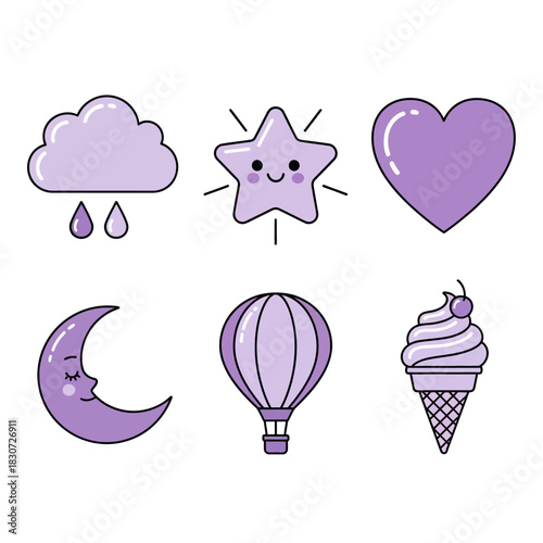 Whimsical pastel icons for childlike designs conveying joyful concepts like dreaming and sweetness