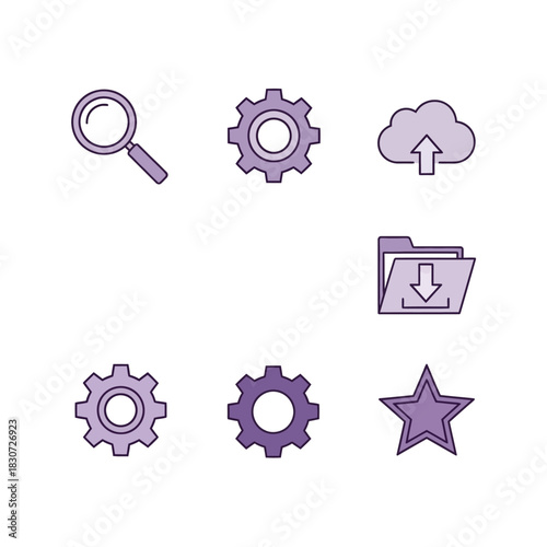 Depiction of cloud computing technology interface, search, gear, download, and favorites