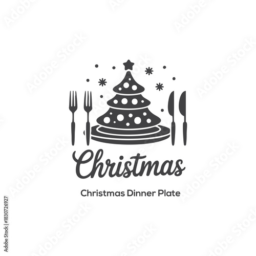 Stylized Christmas Dinner Plate Logo Vector with Festive Pine Tree Icon and Elegant Cutlery for Holiday Restaurant Menu or Invitation.