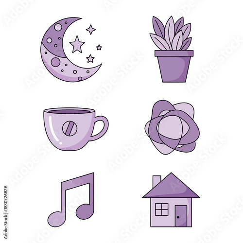 Serene lavender icons: a whimsical collection of everyday objects conveying peacefulness and