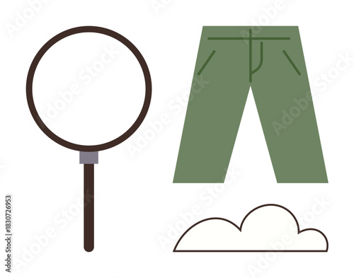Magnifying glass, green pants, and cloud combining practicality, curiosity, and creativity. Ideal for discovery, research, adventure outdoor activities fashion weather and conceptual design. A