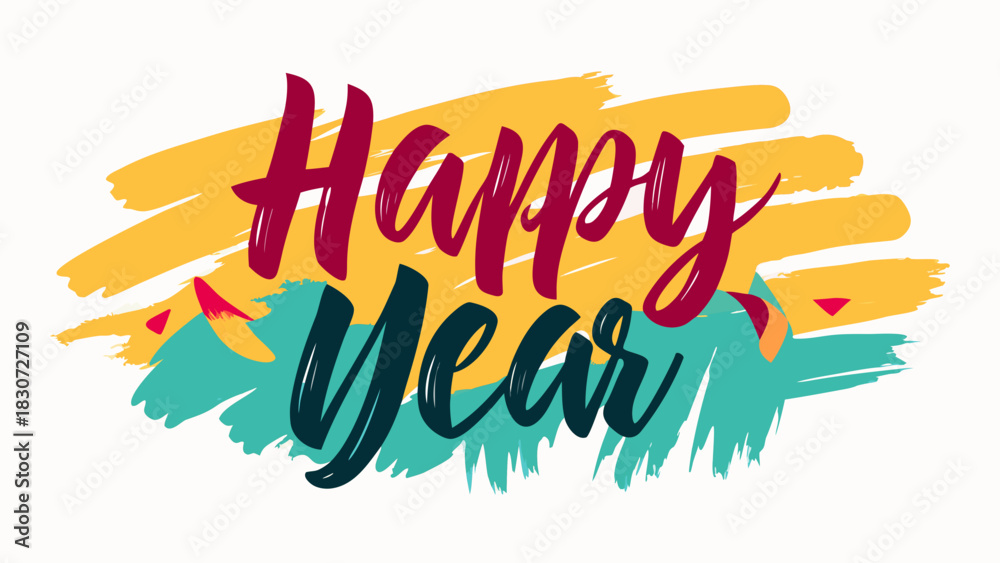 Fototapeta premium Happy new year text with colorful abstract brush strokes and confetti elements for celebration