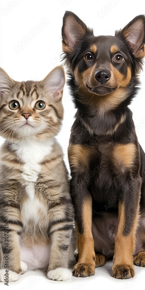 Fototapeta premium A Playful Kitten and a Loyal Dog Sit Together in Friendship Against a Pristine White Backdrop