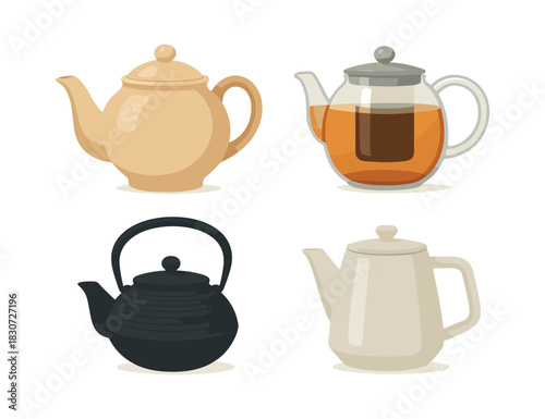 Teapot collection, flat vector illustration, tea set, kettle, beverage theme