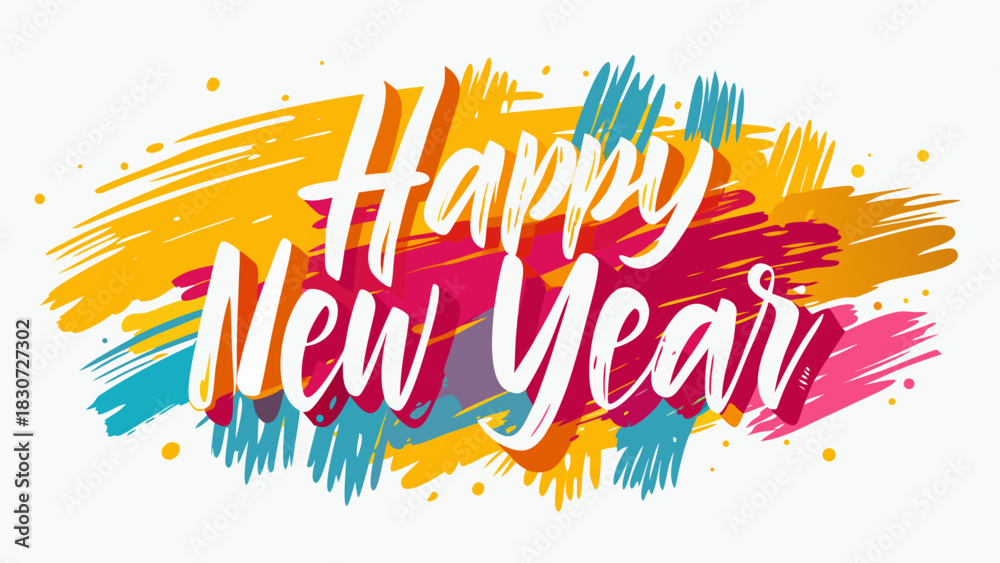Obraz premium Vibrant abstract brush strokes in bright colors forming the text happy new year