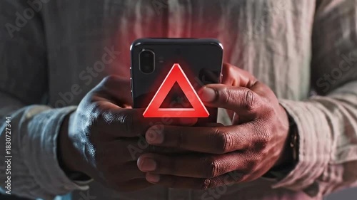 Man Holds Phone Displaying Red Triangle Warning Sign - Emergency Alert.