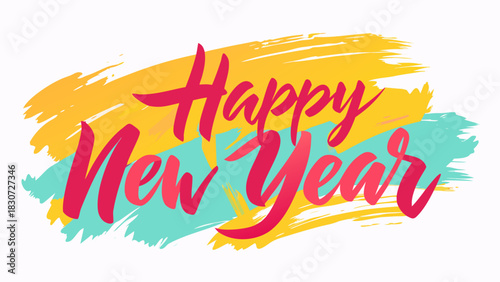 Vibrant and colorful happy new year text with brush stroke background for celebration